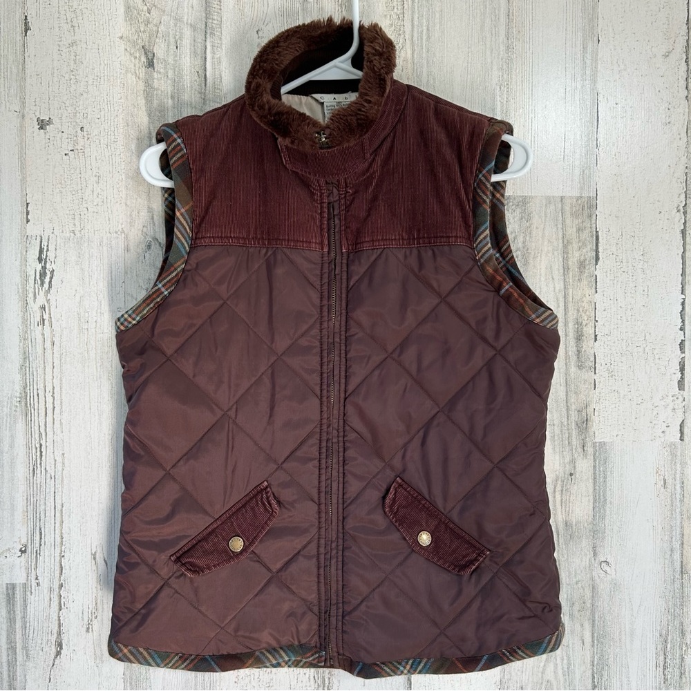 CAbi Quilted Burgundy Vest with Faux Fur Collar